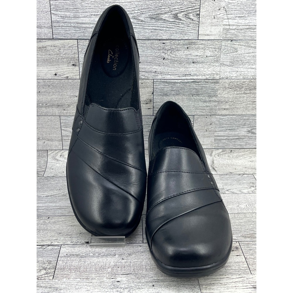 Clarks Collection Womens Black Leather Slip On Comfort Loafer Shoes Size 10M